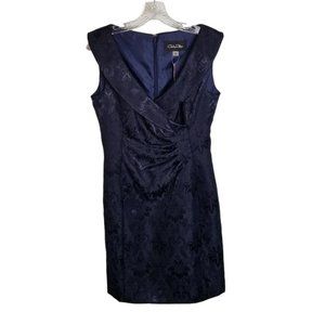 Chelsea Rose Dress Sz 8 Sheath Sleeveless Navy V-Neck Shawl Collar Lined Floral